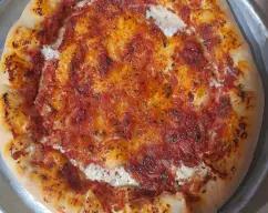 Step <p>En un bol preparamos la salsa con tomate natural triturado, aceite una buena cantidad, le agregamos orégano, sal ,pimienta molida, ajo en polvo o natural picado, y 1/4 de cebolla troceada pequeña. Extendemos la salsa sobre la base. Prehorneamos a una temperatura de 200 grados hasta que la pizza pueda levantarse sobre un cuchillo o espátula en el centro y quede firme. </p> illustration